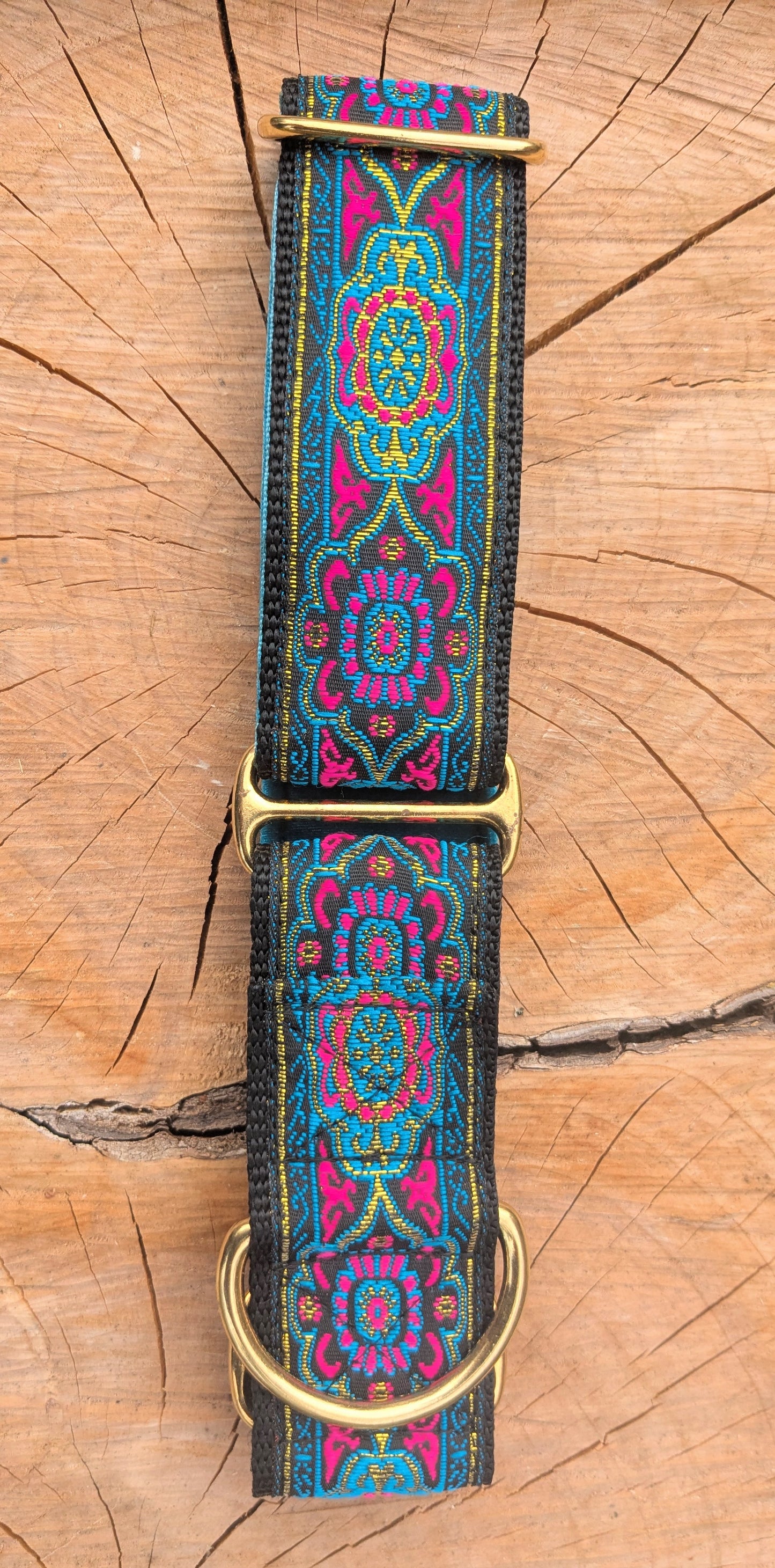 Turquoise/Pink Floral Pattern 38mm Martingale Collar (Brass)