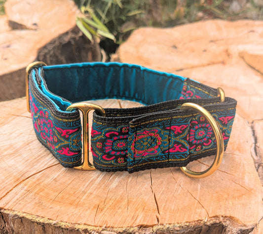 Turquoise/Pink Floral Pattern 38mm Martingale Collar (Brass)