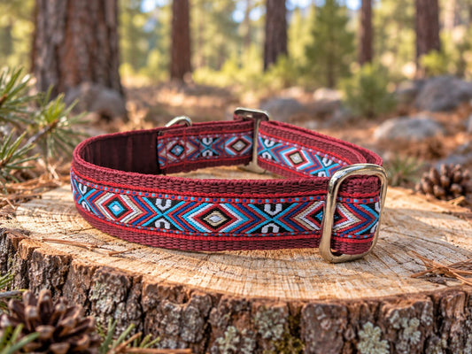 Deep Red Southwestern Tribal Pattern Slip-through Buckle Collar