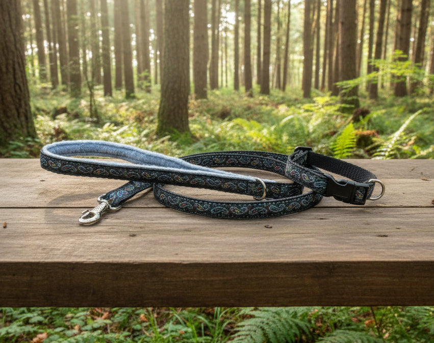 12mm Black Paisley Pattern Collar & Lead Set